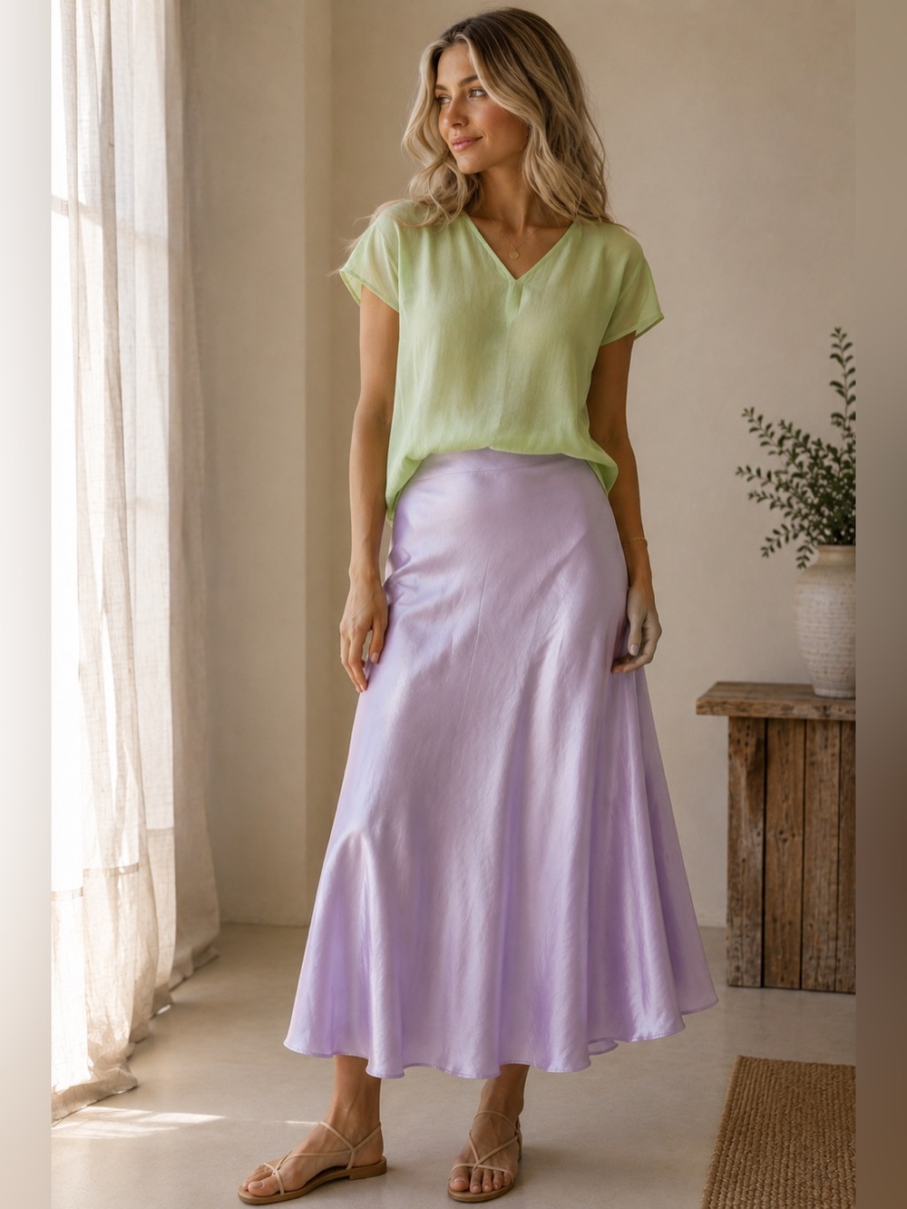 Women’s 2-Piece Outfit Set | Lime Green Blouse & Lilac Midi Skirt |Size L